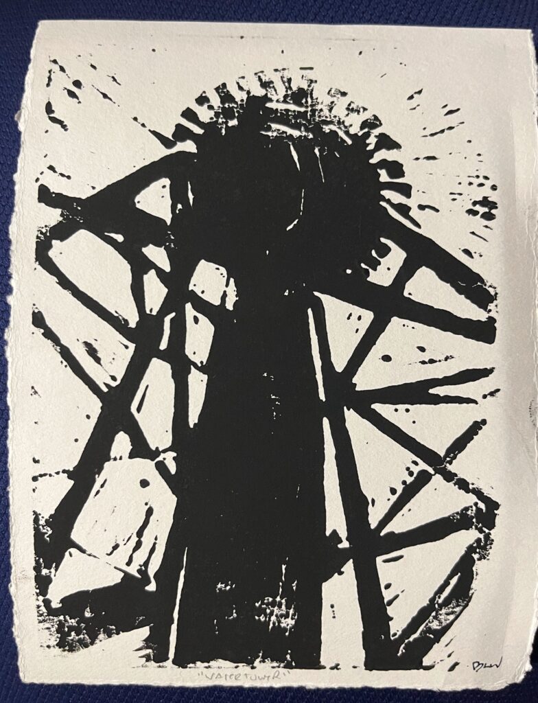 Lino print of the Wetaskiwin water tower