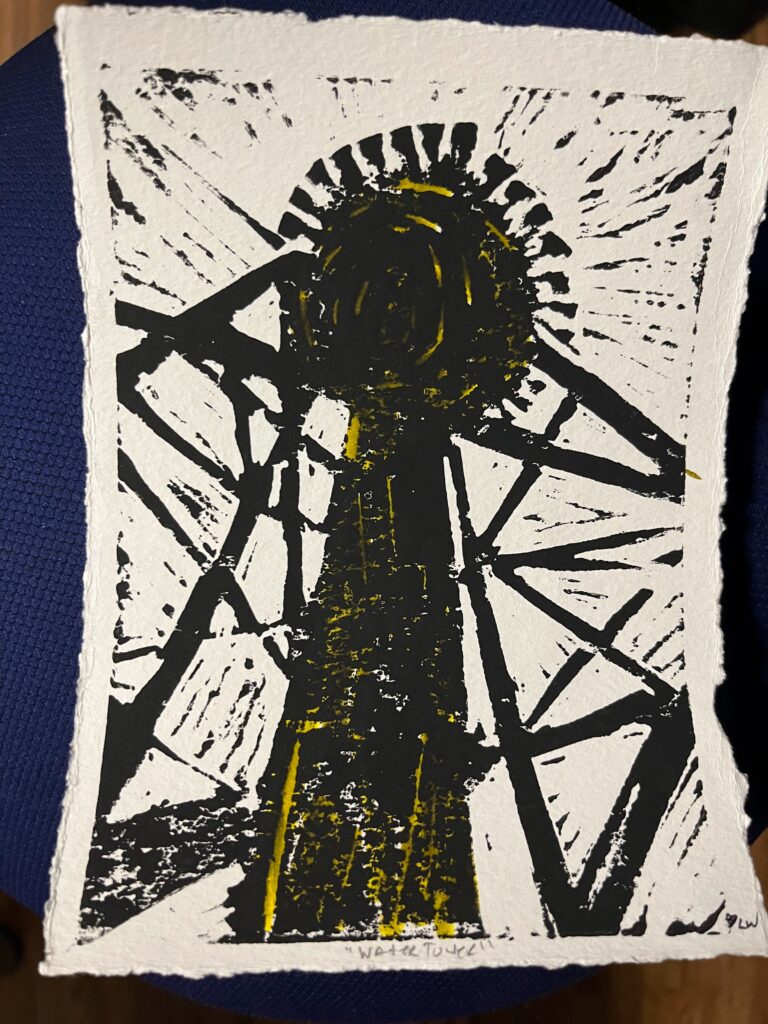 Lino print of the Wetaskiwin water tower