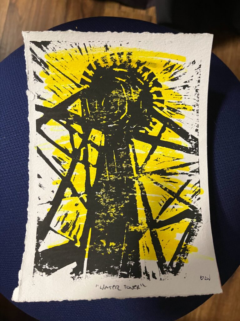 Lino print of the Wetaskiwin water tower